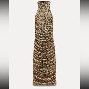 Zara Animal Print Tulle Halter Midi Dress NWT